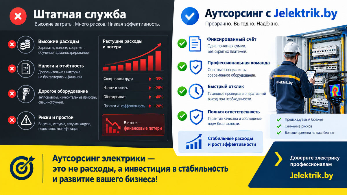 Экономический анализ эффективности аутсорсинга электрики и ТО зданий — Jelektrik.by Сравнение затрат: штатная инженерная служба против аутсорсинга инженерных сетей в Минске
